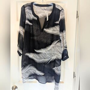 NWT Avenue Long Top Cover Up Black Boho Floral Semi Sheer Tunic Blouse Sz 14/16